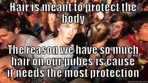 HAIR IS MEANT TO PROTECT THE BODY THE REASON WE HAVE SO MUCH HAIR ON OUR PUBES IS CAUSE IT NEEDS THE MOST PROTECTION Sudden Clarity Clarence