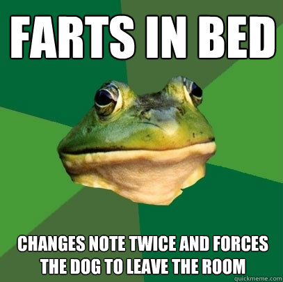 farts in bed changes note twice and forces the dog to leave the room  Foul Bachelor Frog