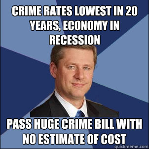 Crime rates lowest in 20 years, economy in recession Pass huge crime bill with no estimate of cost - Crime rates lowest in 20 years, economy in recession Pass huge crime bill with no estimate of cost  Harper Government