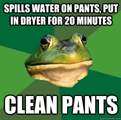 Spills water on pants, put in dryer for 20 minutes clean pants  Foul Bachelor Frog