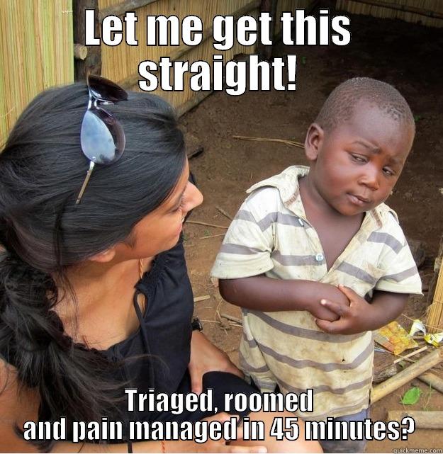 LET ME GET THIS STRAIGHT! TRIAGED, ROOMED AND PAIN MANAGED IN 45 MINUTES? Skeptical Third World Kid