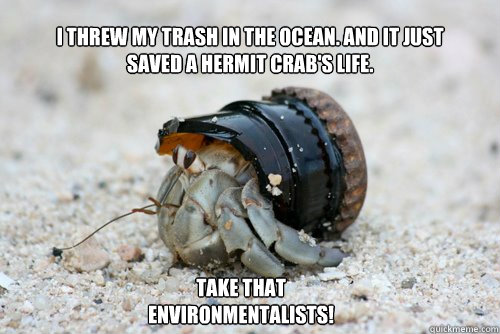 I threw my trash in the ocean. And it just saved a hermit crab's life. Take that environmentalists!   Hermit Crab