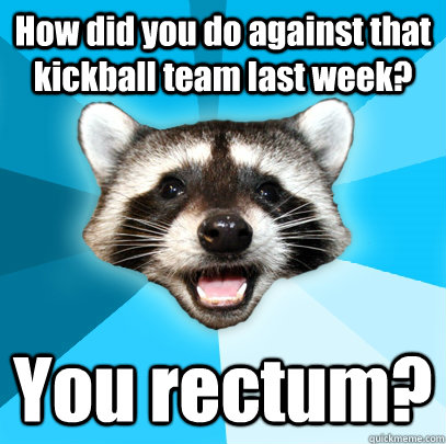 How did you do against that kickball team last week? You rectum?  Lame Pun Coon