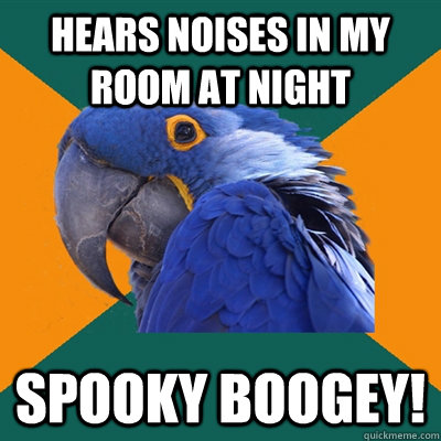 Hears noises in my room at night Spooky Boogey!  Paranoid Parrot