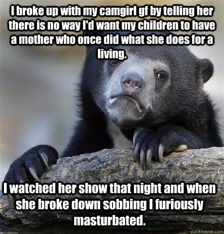 I broke up with my camgirl gf by telling her there is no way I'd want my children to have a mother who once did what she does for a living. I watched her show that night and when she broke down sobbing I furiously masturbated.  Confession Bear
