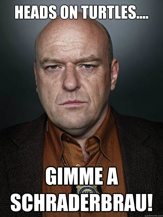 heads on turtles.... gimme a schraderbrau!  Hank Schrader