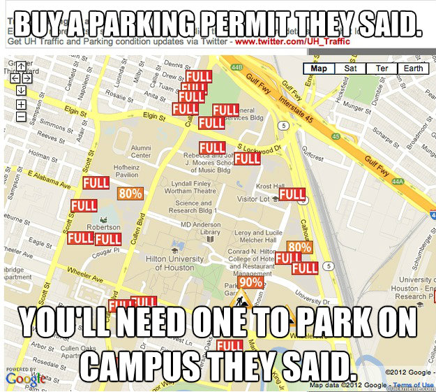 Buy a parking permit they said. YOU'll need one to park on campus they said. - Buy a parking permit they said. YOU'll need one to park on campus they said.  UH Parking