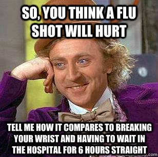 so, you think a flu shot will hurt tell me how it compares to breaking your wrist and having to wait in the hospital for 6 hours straight - so, you think a flu shot will hurt tell me how it compares to breaking your wrist and having to wait in the hospital for 6 hours straight  Condescending Wonka - Animal Cruelty