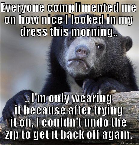 EVERYONE COMPLIMENTED ME ON HOW NICE I LOOKED IN MY DRESS THIS MORNING.. .. I'M ONLY WEARING IT BECAUSE AFTER TRYING IT ON, I COULDN'T UNDO THE ZIP TO GET IT BACK OFF AGAIN. Confession Bear