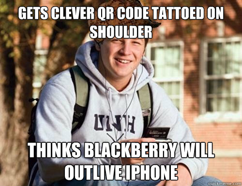 gets clever qr code tattoed on shoulder thinks blackberry will outlive iphone  College Freshman