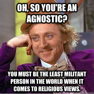 Oh, so you're an agnostic? You must be the least militant person in the world when it comes to religious views.  Condescending Wonka