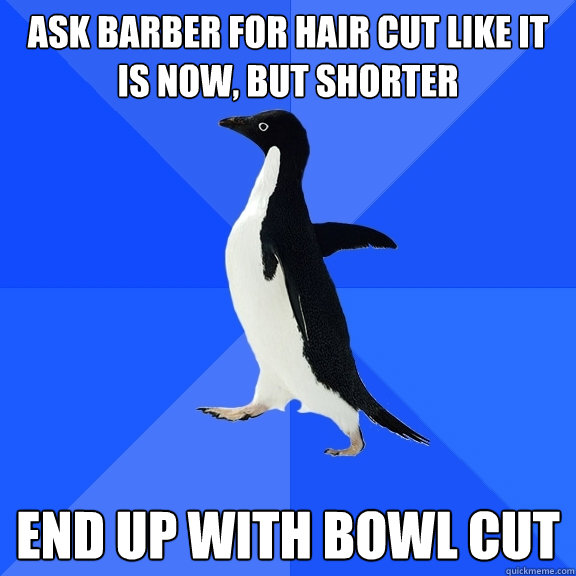 Ask barber for hair cut like it is now, but shorter end up with bowl cut  Socially Awkward Penguin