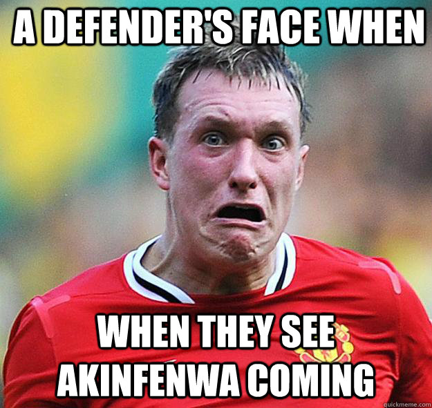 A Defender's face when when they see akinfenwa coming - A Defender's face when when they see akinfenwa coming  phil jones meme