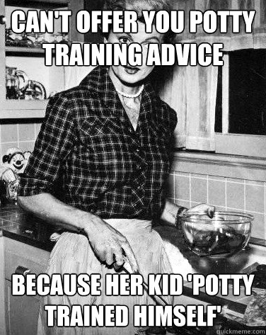 can't offer you potty training advice because her kid 'potty trained himself'  