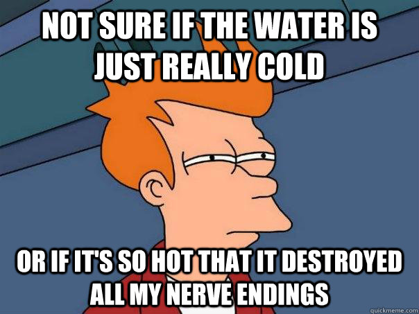 Not sure if the water is just really cold Or If it's so hot that it destroyed all my nerve endings   Futurama Fry