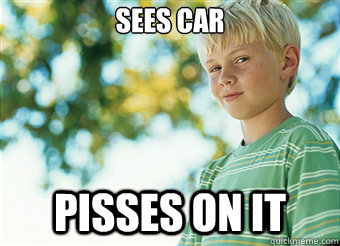 sees car pisses on it  Mischievous Kid