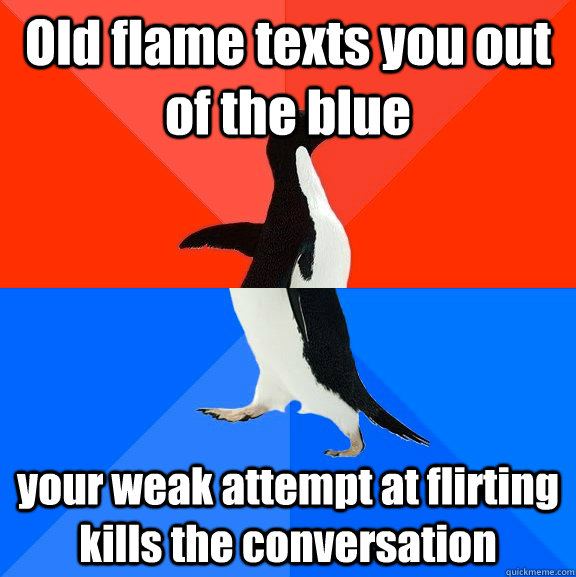 Old flame texts you out of the blue your weak attempt at flirting kills the conversation  Awesome Awkward Penguin