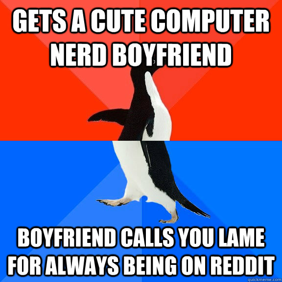 Gets a cute computer nerd boyfriend Boyfriend calls you lame for always being on reddit  Socially Awesome Awkward Penguin