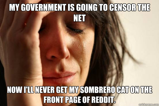 My government is going to censor the net Now I'll NEVER get my Sombrero cat on the front page of Reddit.  First World Problems