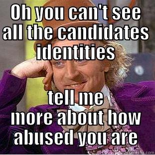 OH YOU CAN'T SEE ALL THE CANDIDATES IDENTITIES TELL ME MORE ABOUT HOW ABUSED YOU ARE Condescending Wonka