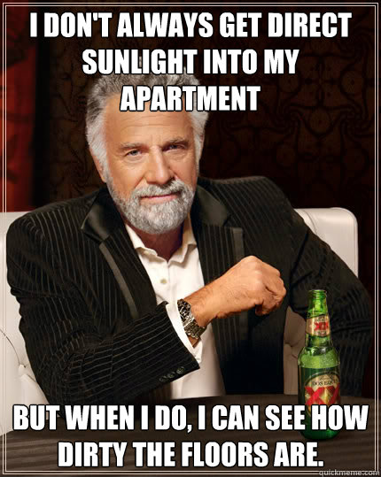 I don't always get direct sunlight into my apartment But when I do, I can see how dirty the floors are.  Dos Equis man