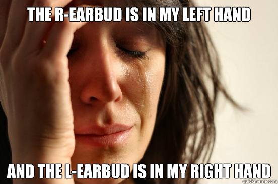 The R-Earbud is in my Left Hand and the L-Earbud is in my Right Hand  First World Problems