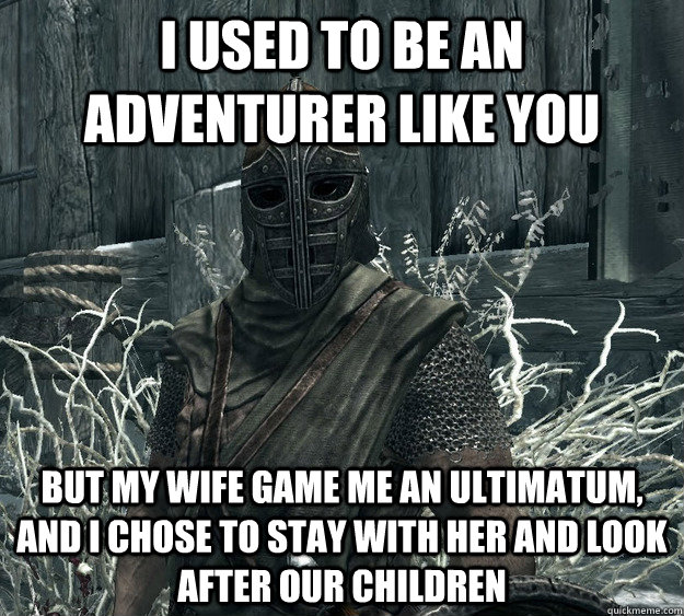 I used to be an adventurer like you But my wife game me an ultimatum, and I chose to stay with her and look after our children  Rational Skyrim Guard