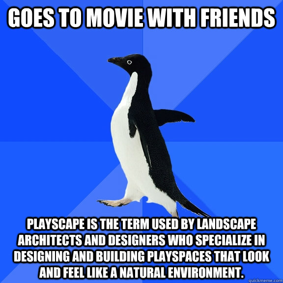 goes to movie with friends Playscape is the term used by landscape architects and designers who specialize in designing and building playspaces that look and feel like a natural environment.  Socially Awkward Penguin