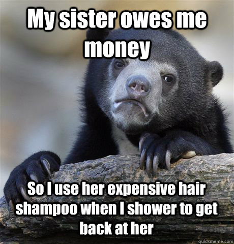 My sister owes me money So I use her expensive hair shampoo when I shower to get back at her  Confession Bear