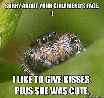 Sorry about your girlfriend's face. 
:( I like to give kisses. Plus she was cute.  - Sorry about your girlfriend's face. 
:( I like to give kisses. Plus she was cute.   Misunderstood Spider