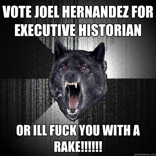 Vote joel hernandez for executive historian or ill fuck you with a rake!!!!!!  Insanity Wolf