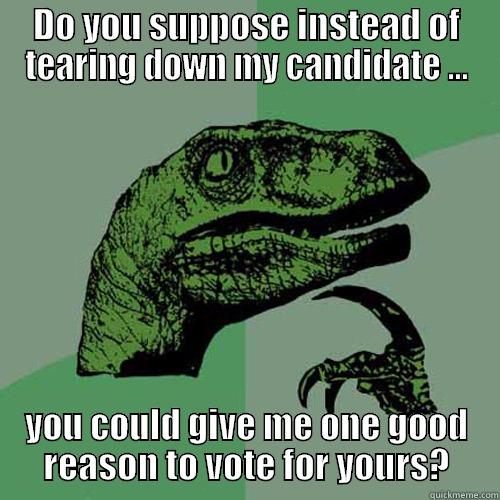 DO YOU SUPPOSE INSTEAD OF TEARING DOWN MY CANDIDATE ... YOU COULD GIVE ME ONE GOOD REASON TO VOTE FOR YOURS? Philosoraptor