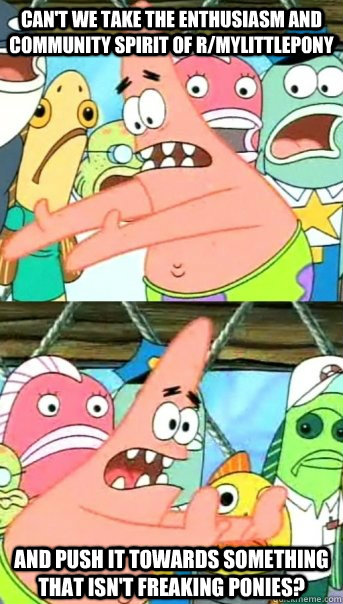Can't we take the enthusiasm and community spirit of r/mylittlepony and push it towards something that isn't freaking ponies?  Push it somewhere else Patrick