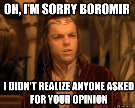 Oh, I'm sorry Boromir I didn't realize anyone asked for your opinion - Oh, I'm sorry Boromir I didn't realize anyone asked for your opinion  Astounded Elrond