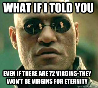 what if i told you even if there are 72 virgins-they won't be virgins for eternity  Matrix Morpheus