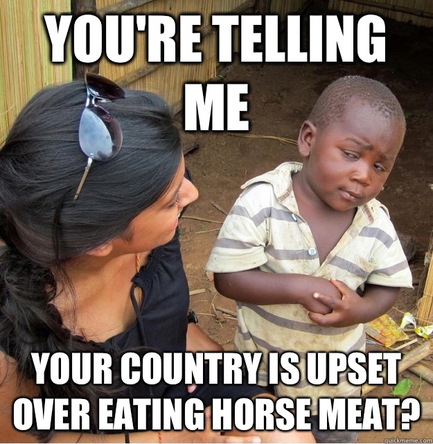 You're telling me Your country is upset over eating horse meat?  Skeptical Third World Kid