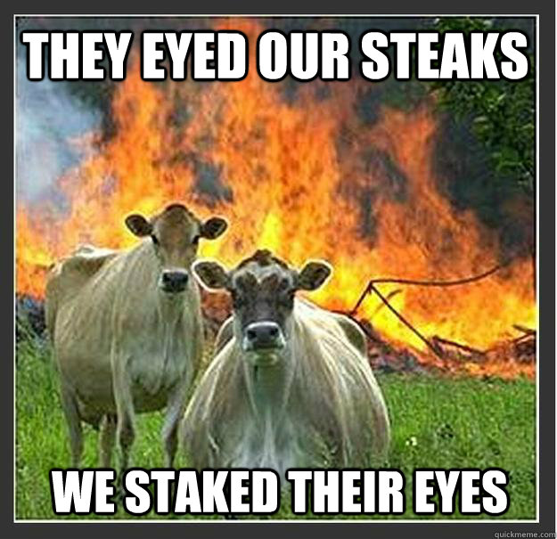 They eyed our steaks We staked their eyes - They eyed our steaks We staked their eyes  Evil cows