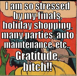 I AM SO STRESSED BY MY FINALS, HOLIDAY SHOPPING, MANY PARTIES, AUTO MAINTENANCE, ETC.,  GRATITUDE, BITCH!! Slappin Batman