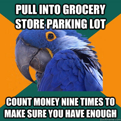 pull into grocery store parking lot count money nine times to make sure you have enough  Paranoid Parrot