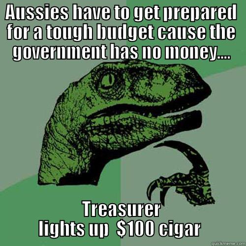 Smoke up the profit - AUSSIES HAVE TO GET PREPARED FOR A TOUGH BUDGET CAUSE THE GOVERNMENT HAS NO MONEY.... TREASURER LIGHTS UP  $100 CIGAR  Philosoraptor