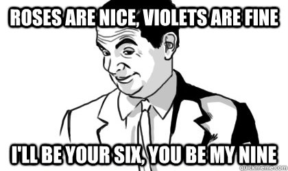 Roses are nice, violets are fine i'll be your six, you be my nine  if you know what i mean
