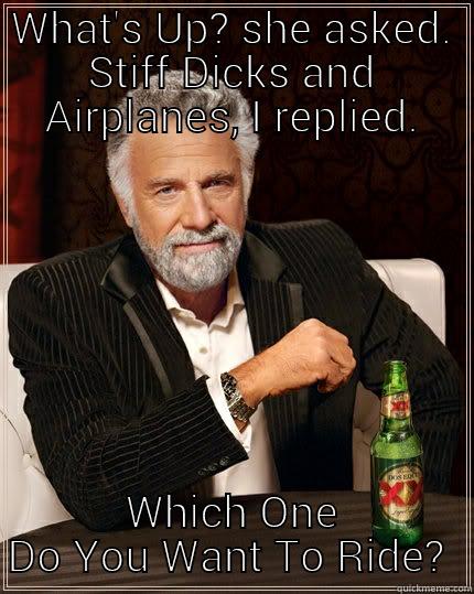 WHAT'S UP? SHE ASKED. STIFF DICKS AND AIRPLANES, I REPLIED. WHICH ONE DO YOU WANT TO RIDE?  The Most Interesting Man In The World