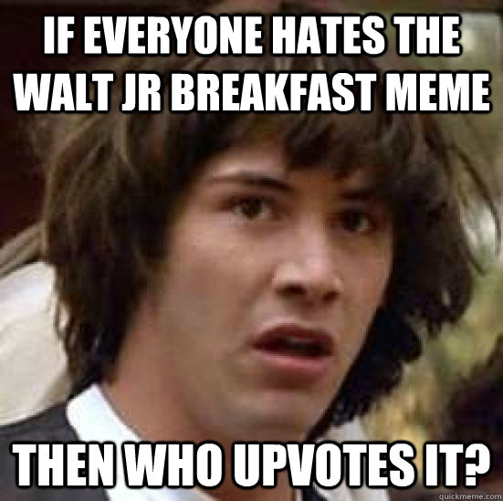 if everyone hates the walt jr breakfast meme then who upvotes it?  conspiracy keanu