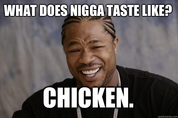 WHAT DOES NIGGA TASTE LIKE? CHICKEN.  Xzibit meme