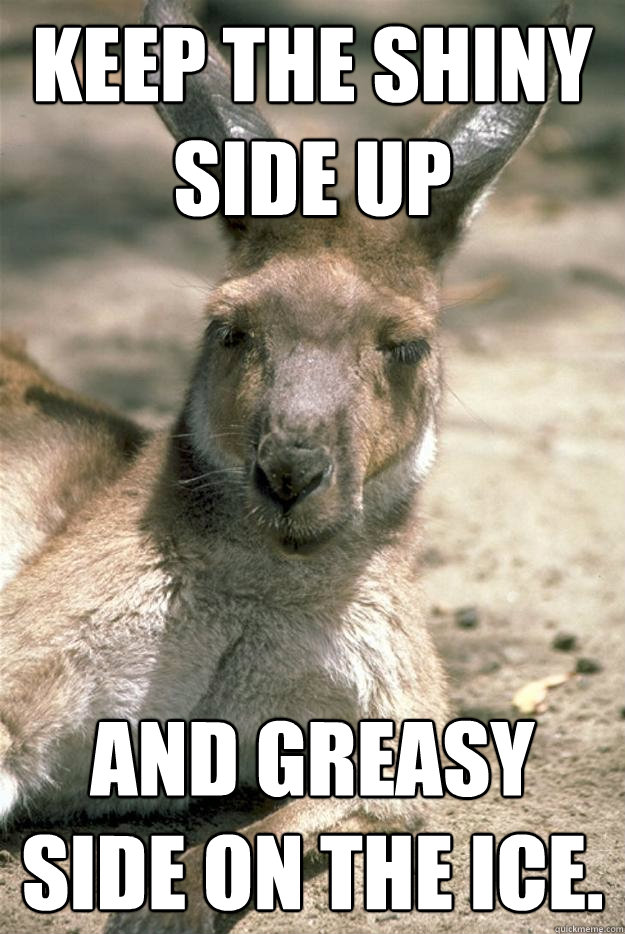 Keep the shiny side up and greasy side on the ice.  Mixed Metaphor Marsupial