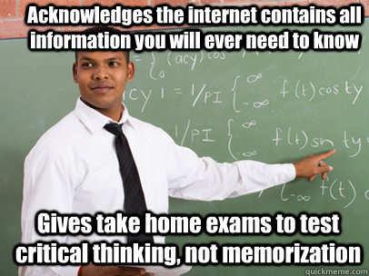 Acknowledges the internet contains all information you will ever need to know Gives take home exams to test critical thinking, not memorization  Good Guy Teacher