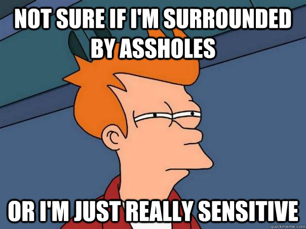 Not sure if I'm surrounded by assholes Or I'm just really sensitive - Not sure if I'm surrounded by assholes Or I'm just really sensitive  Futurama Fry