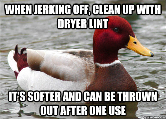 when jerking off, clean up with dryer lint it's softer and can be thrown out after one use  Malicious Advice Mallard