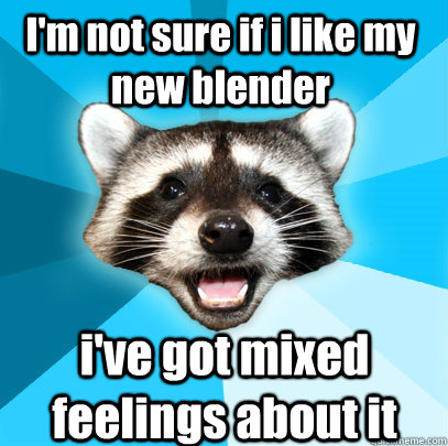 I'm not sure if i like my new blender i've got mixed feelings about it  Lame Pun Coon