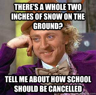There's a whole two inches of snow on the ground? Tell me about how school should be cancelled  Condescending Wonka